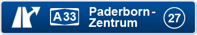 Autbahnschild A33 Abfahrt 27 Paderborn-Zentrum VoPa LKW Waschanalge